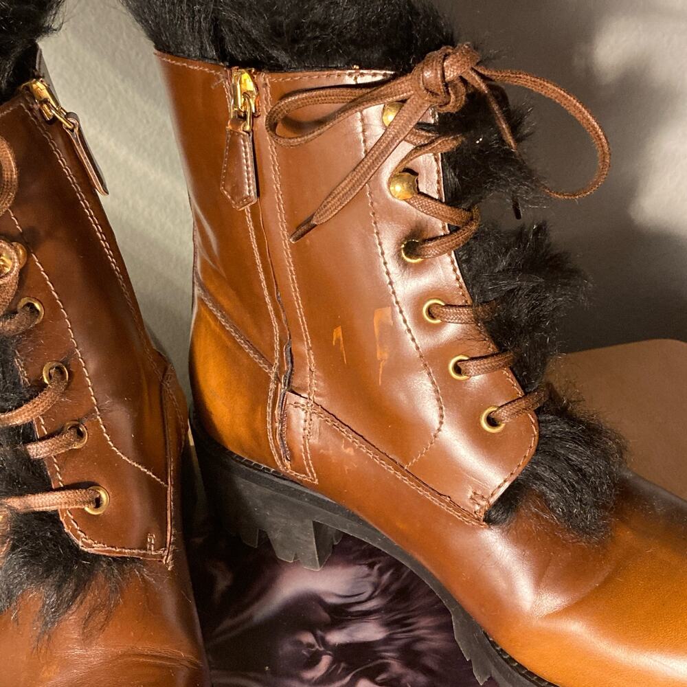 Prada Tobacco Burnished Leather Fur Combat Boot Orig $1400 Sz 38 / 7.5 8~ Mint - Picture 12 of 12